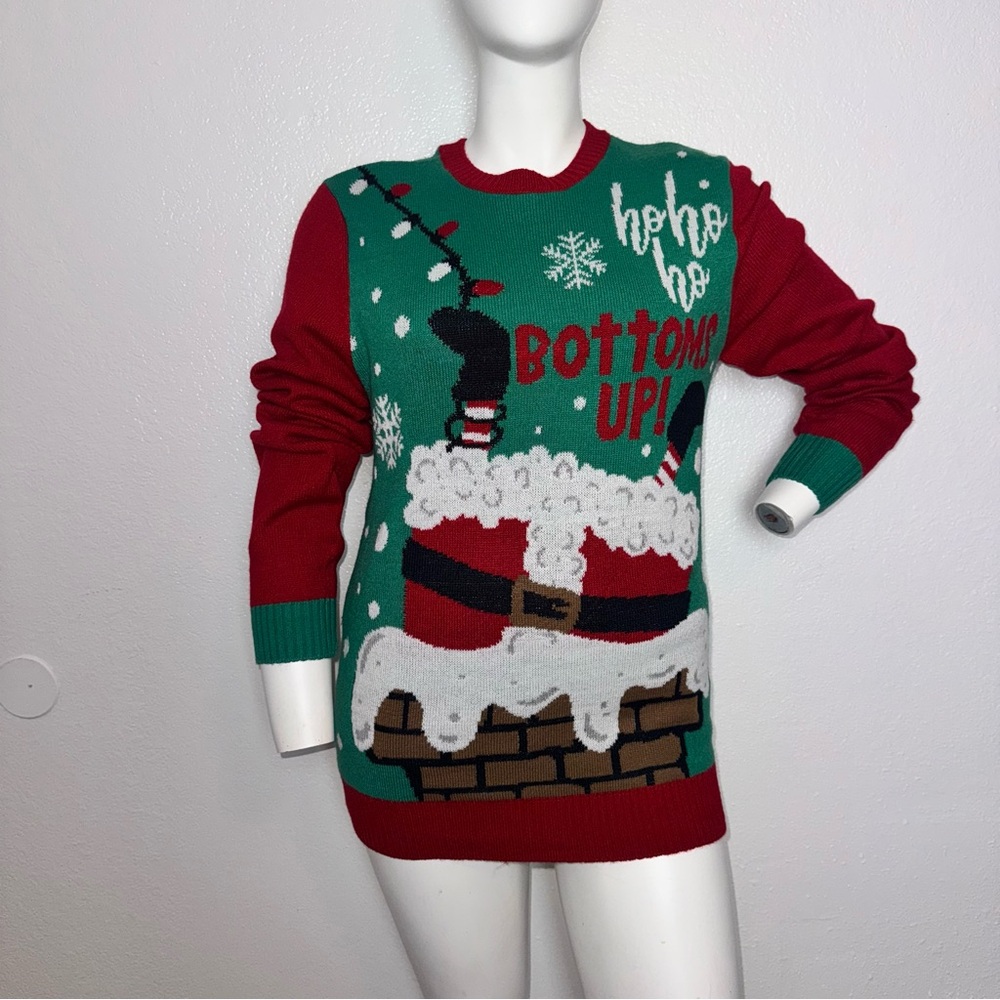 Novelty Christmas Ugly Sweater Size L “Ho Ho Bottoms up” Pullover‎ Women’s